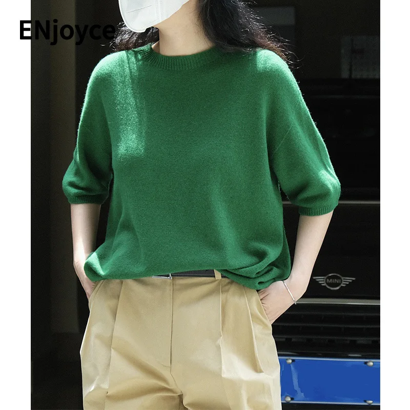 

Women Wool Short-sleeved Knitted Sweater Pullovers 2022 Autumn Japanese Casual Style Loose Sweaters Skin-friendly Soft Tops