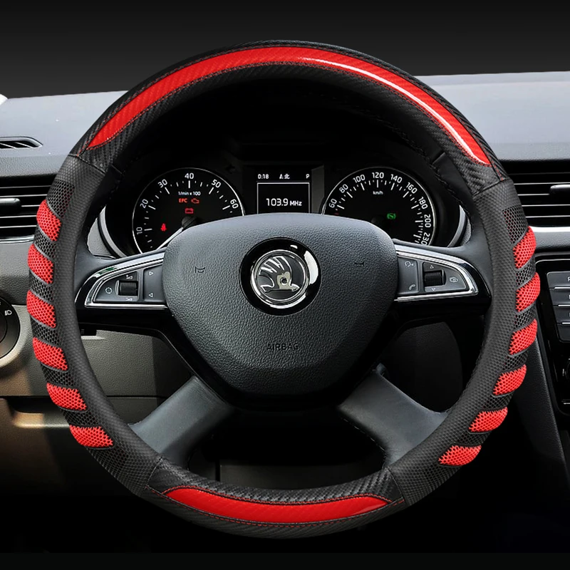 Carbon Fiber + Leather Car Steering Wheel Cover For Skoda Octavia A5 A7 Rs Octavia 2 3 Combi Auto Interior Accessories