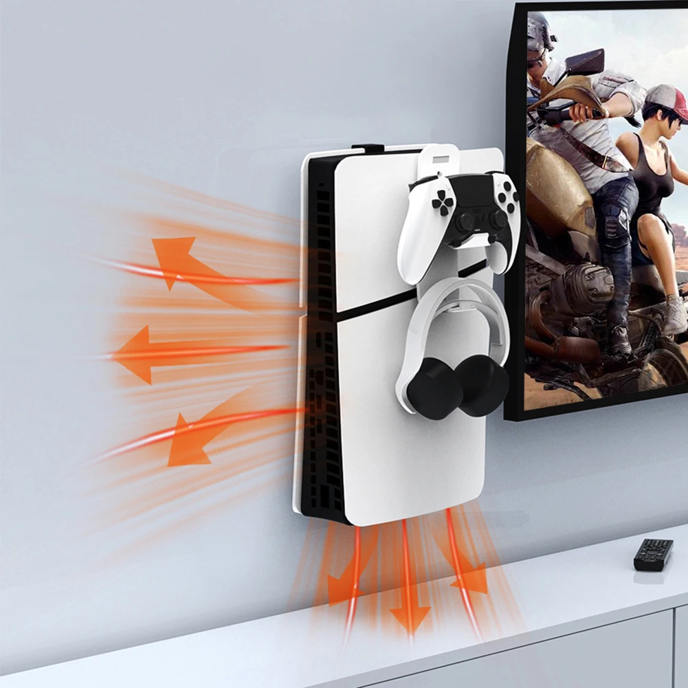 PS5 슬림 호스트 벽걸이 스탠드, 벽 마운트 브래킷, 헤드셋 후크 포함, PS5 디스크 버전 및 디지털 에디션용 벽 선반