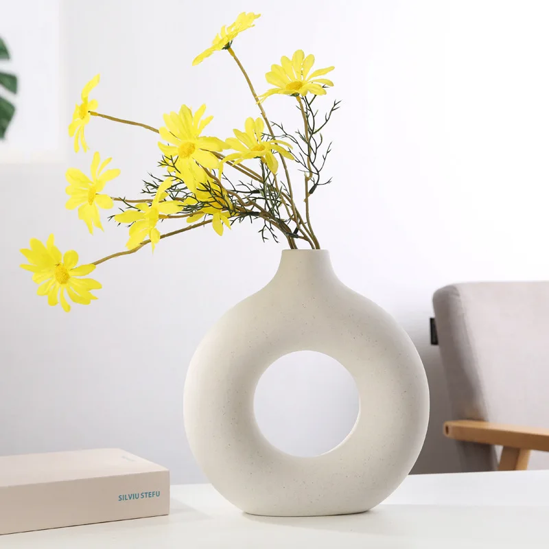 Nordic Vase Circular Hollow Ceramic Donuts Flower Pot Home Living Room Decoration Accessories Interior Office Desktop Decor Gift 5