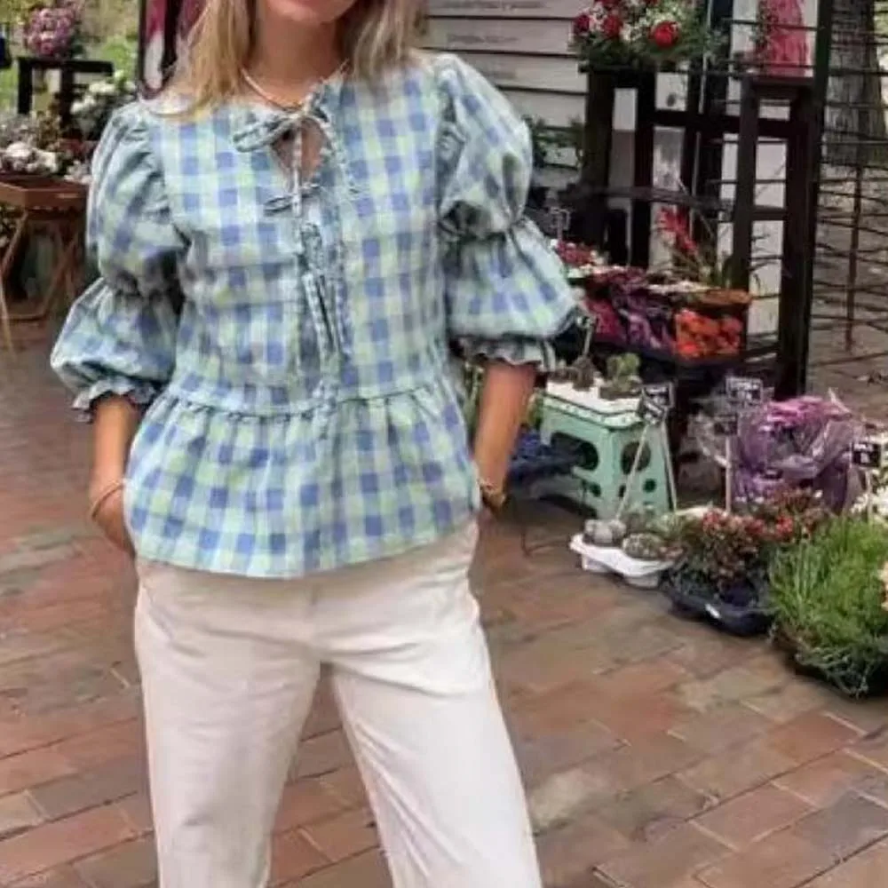 

Женская рубашка в клетку, элегантная Свободная блузка с круглым вырезом и рукавами-фонариками, ажурная блузка на шнуровке, одежда для работы, лето