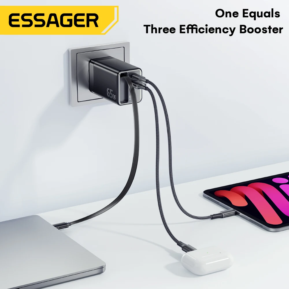 Essager 65W GaN Charger with Retractable Cable PD Fast Charging for Laptop Macbook iPhone 17 16 15 Xiaomi Type-C Phone Charger