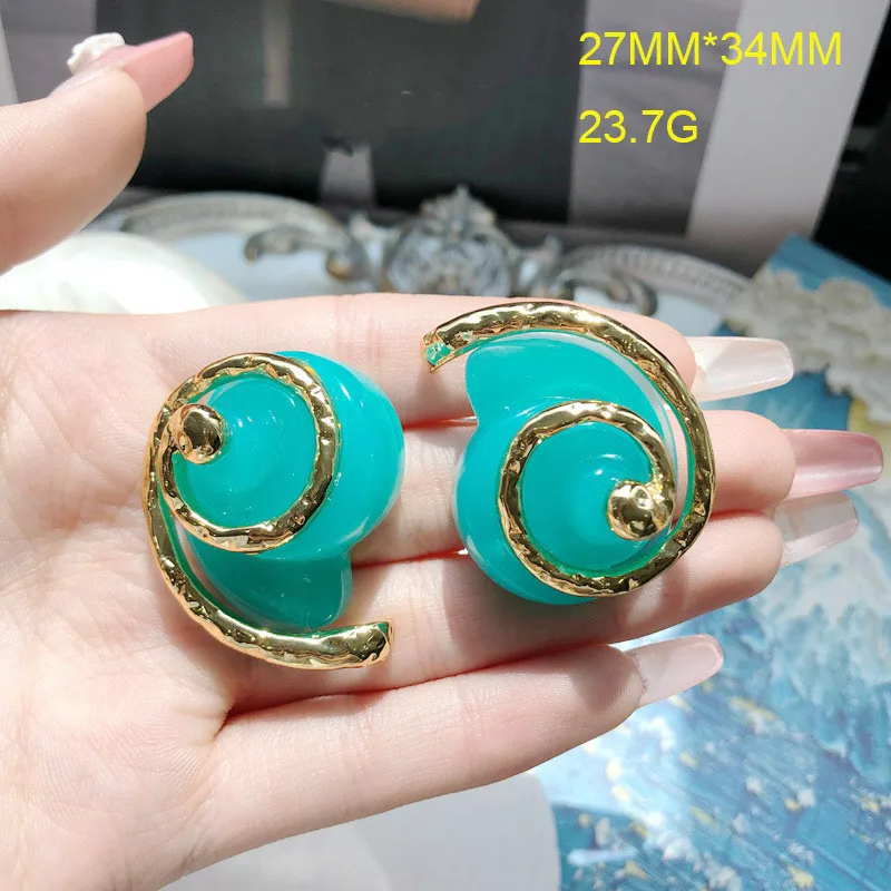 French Vintage Qing New Ocean Blue Series Conch Gold Plated Ear Studs and Ear Clips