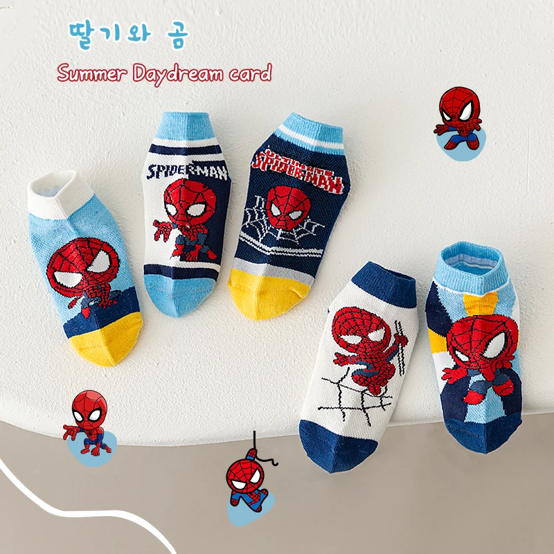Children Socks 5 Pairs Spider-Man Kids Boys Short Socks Iron Man Captain America Cartoon 1-12Y Summer Spring Mesh