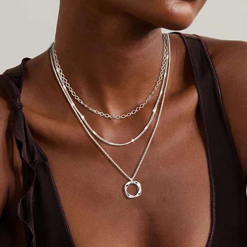 Layered 925 Silver Plated Stackable Stack Choker Necklaces
