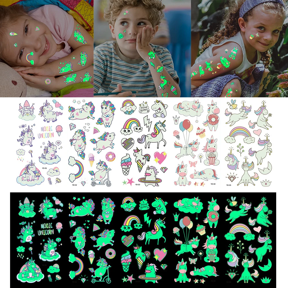 Tattoo Sticker 5pcs Luminous Glow Unicorn Cute Pattern Waterproof Temporary Glitter Rainbow Face Arm Body Art