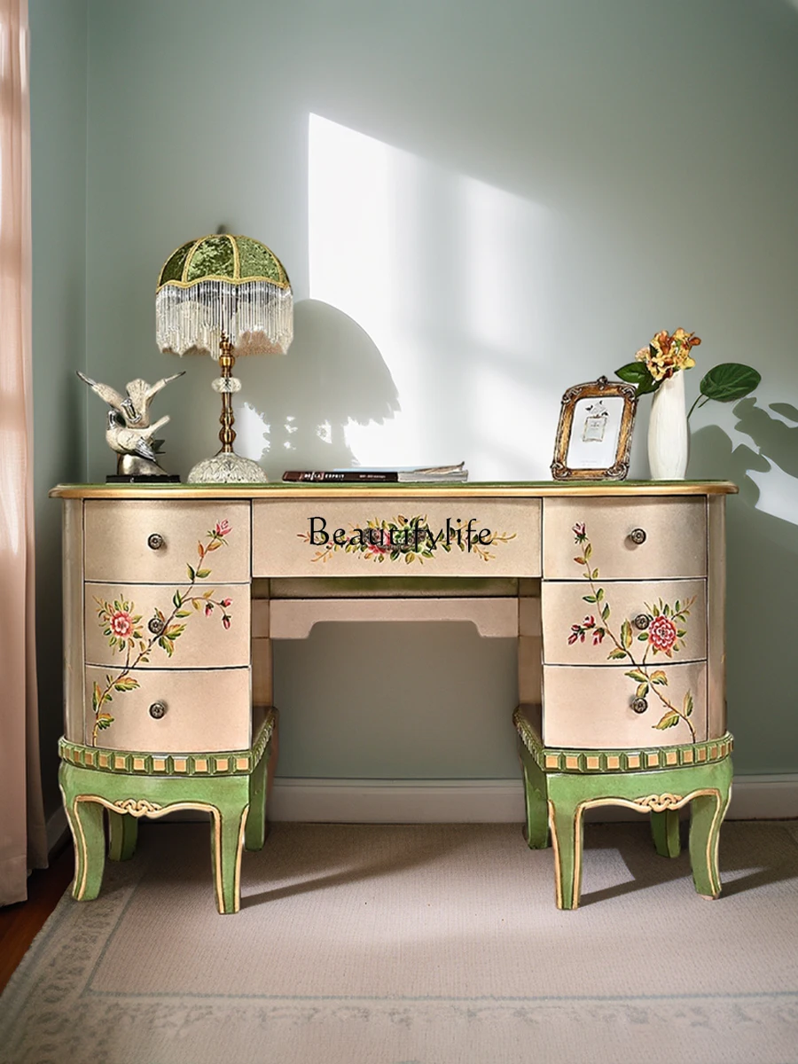 

American Country Solid Wood Desk Hand-Painted Art Study Desk Retro Storage Storage Computer Desk
