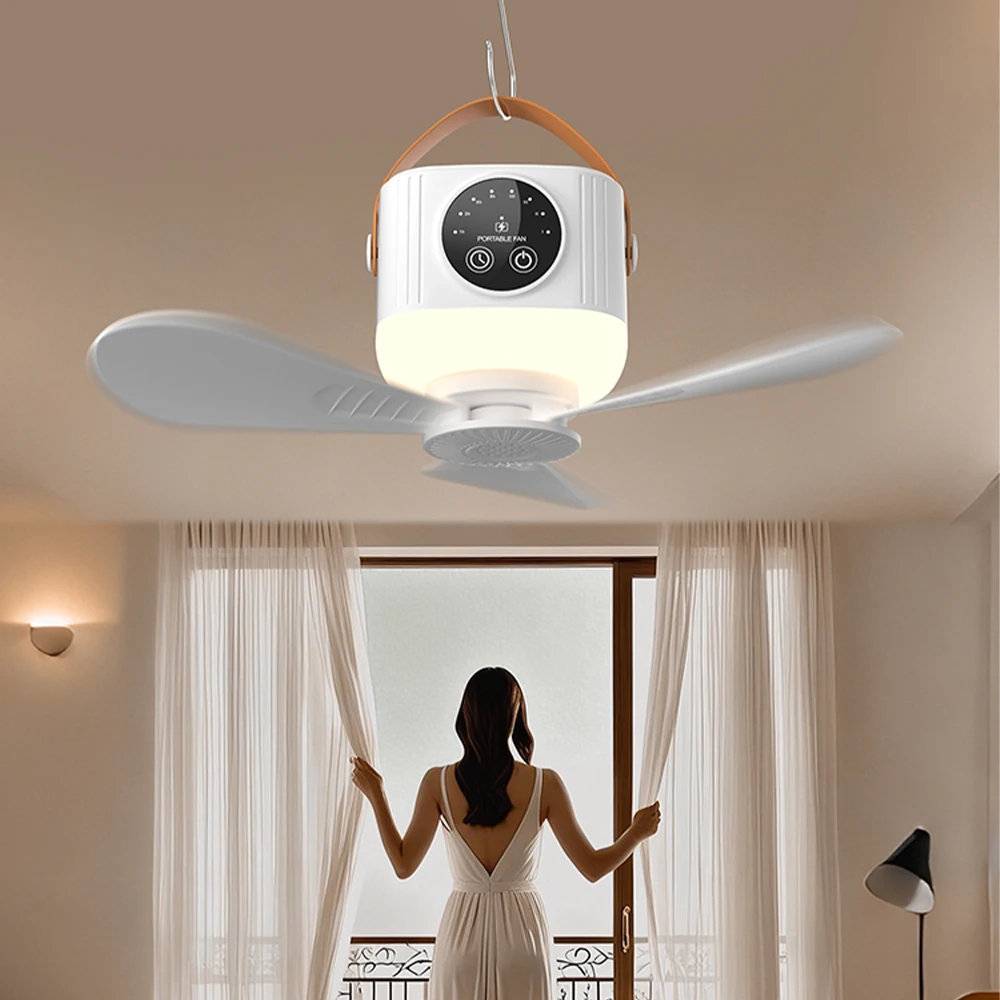 Mini Ceiling Fan USB Rechargeable Large Wind Fan Removable Blades Night Lamp Lighting 7200mAh Capacity Household Outdoor Fan