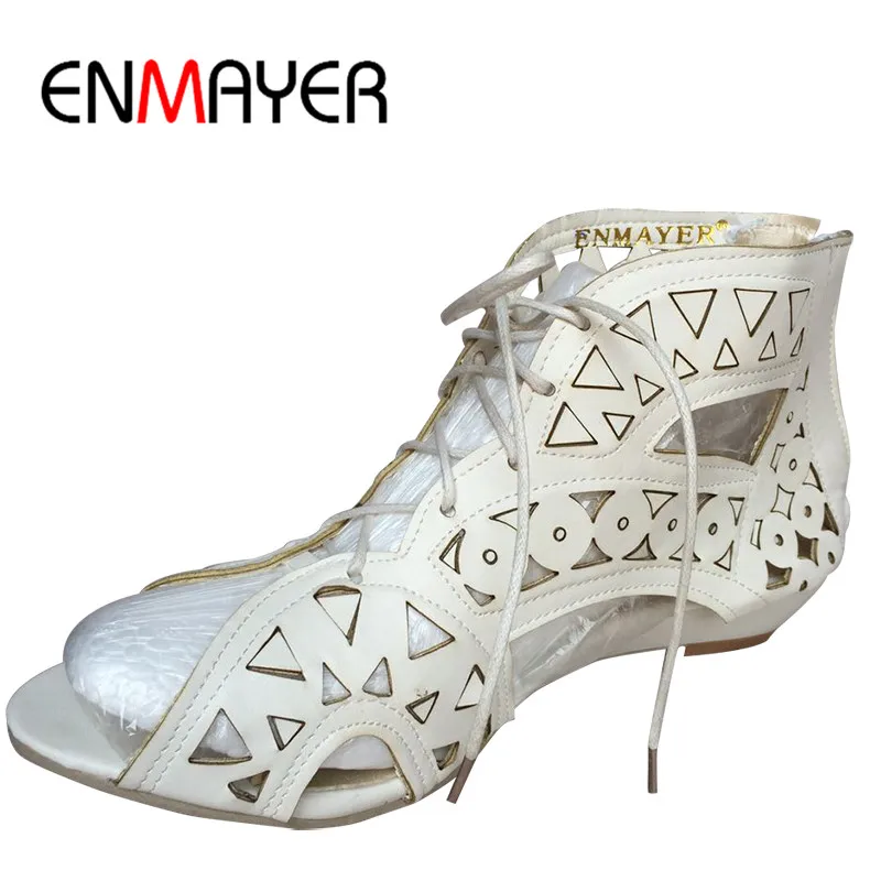 Women Sandals ENMAYER Fashion Cut-outs Lace Up Sandals Open Toe Low Wedges Bohemian Summer Beach Woman