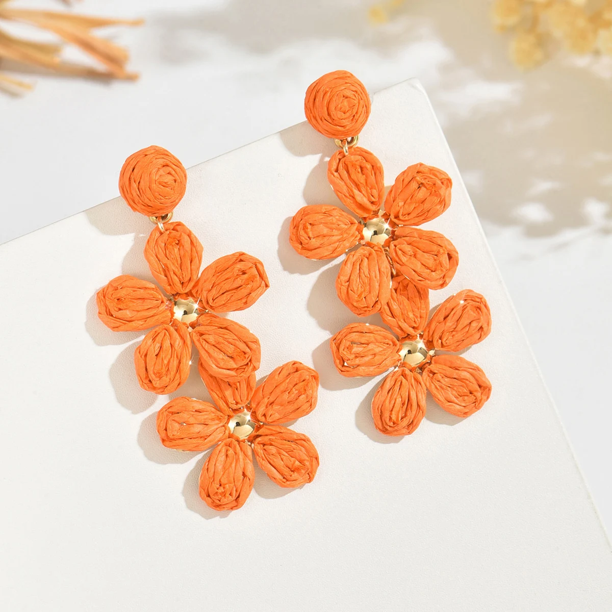 Bohemia Sweet Colorful Raffia Layered Flower Earrings for Women Girls Summer Handmade Rattan Knit Drop Earrings Holiday Jewelry