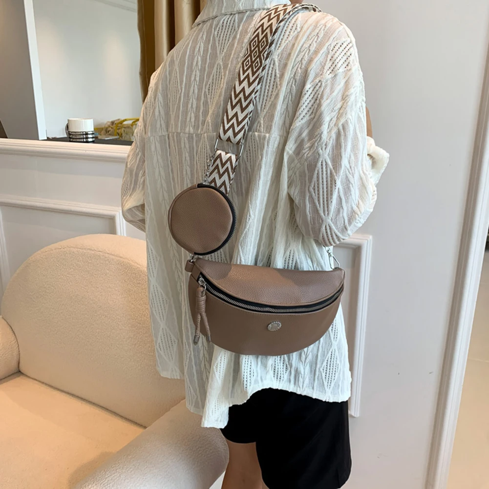 Ladies Fashion Wide Strap Handbag PU Leather Waterproof Commute Shoulder Chest Belt Bag Zipper Casual Adjustable Strap for Women