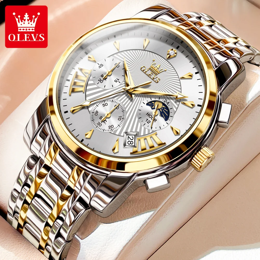 OLEVS Men's Luxury Multifunctional Chronograph Quartz Wristwatch - Waterproof, Luminous, Moon Phase Display