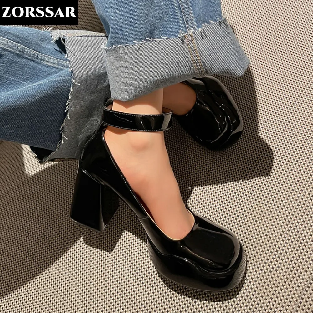 

Spring Women Mary Jane Shoes Super High Heels Dress Shoes Black Patent Leather Pumps Buckle Strap Square Toe Shallow Boat Shoe
