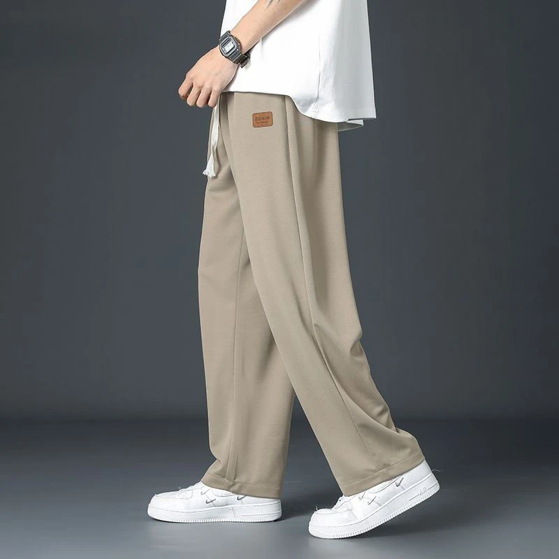 Men's Wide Leg Pants Summer Thin Ice Silk Patch Classic Boy Casual Loose Straight Cylinder Waist Drawstring Motion