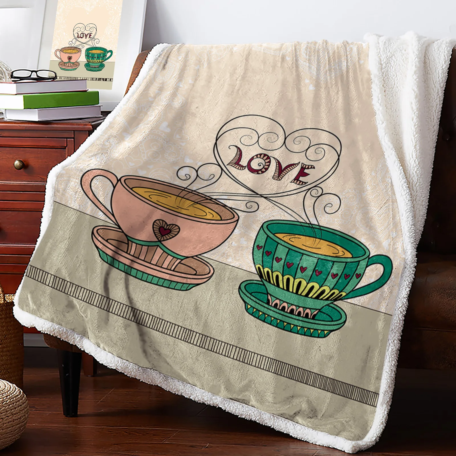 

Pink Green Teacup Love Winter Warm Cashmere Blanket for Bed Wool Throw Blankets for Office Bedspread
