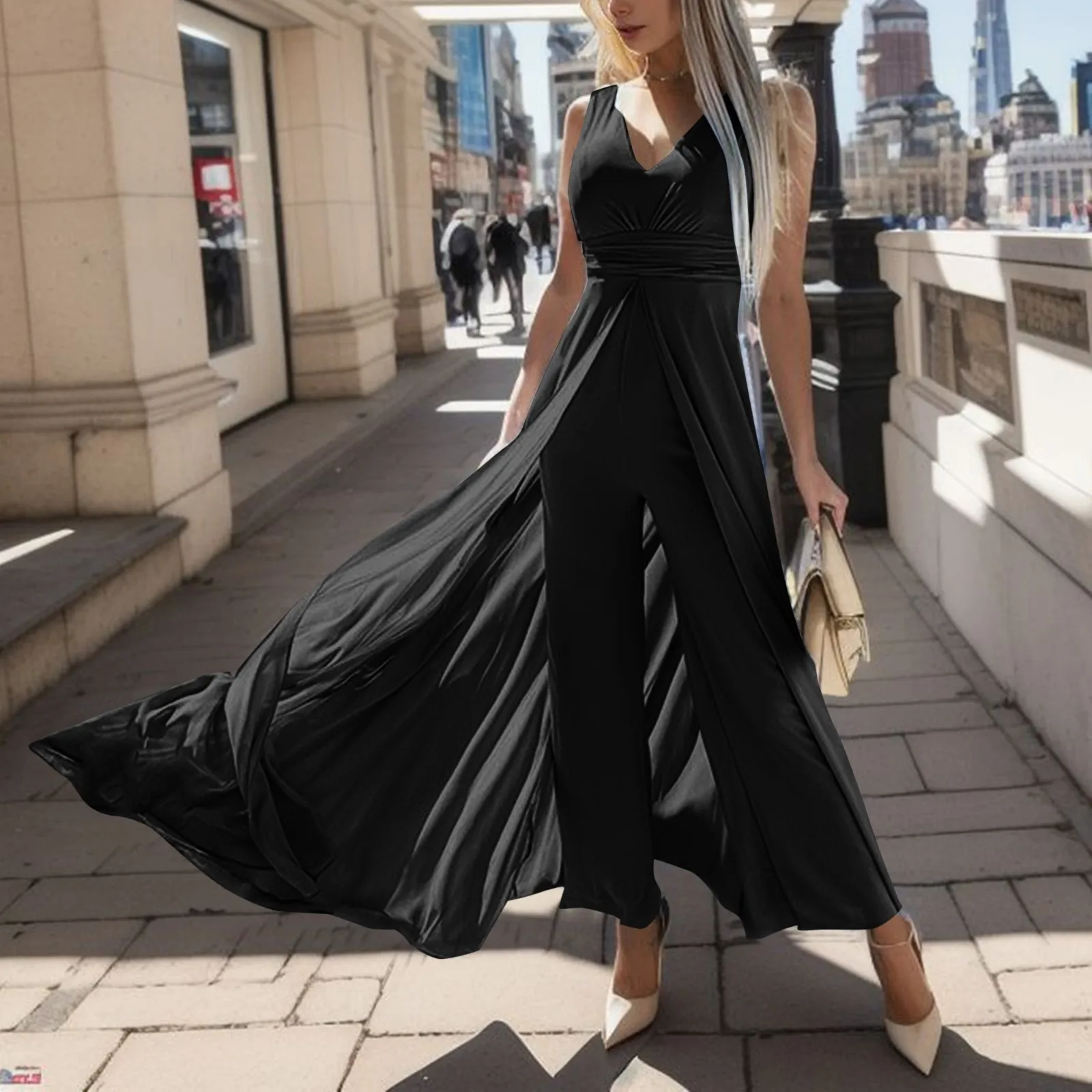 

Женский комбинезон с глубоким V-образным вырезом, летняя Новинка, модный пикантный комбинезон с широкими штанинами и завышенной талией спереди и сзади