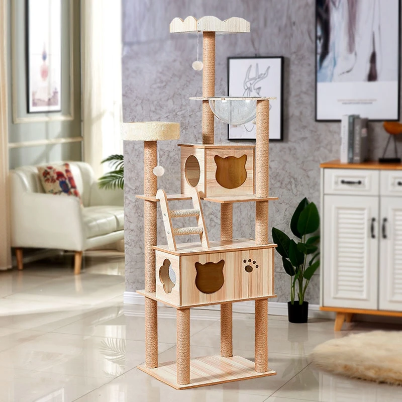 

Multi-layer Cat Tree House Condos Wooden Cat Tower With Sisal Rope Cat Scratching Posts Plush Cloth Hammock Cat Climbing Frame