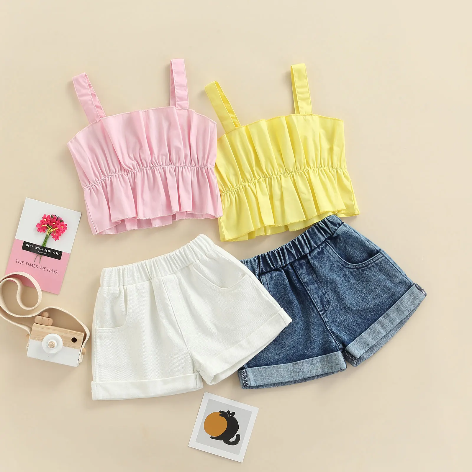 Lovely Little Baby Girl Shorts Set, Solid Color Bandage Suspender Crop