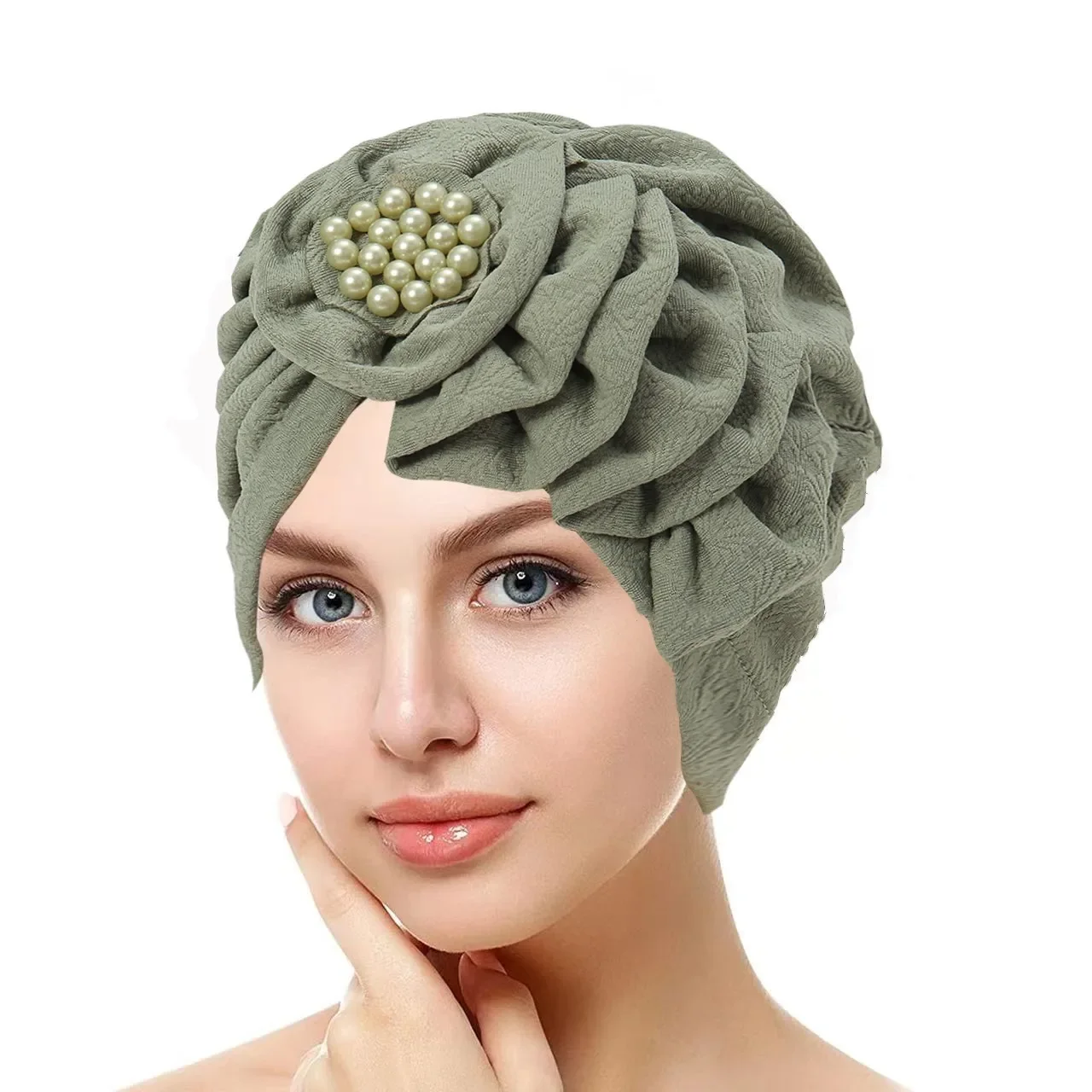 

New Flower Hijab Cap Elegant Evening Party Suadi Indian Solid Color Hat Wrinkle with Bead Turban Bandana Muslim Hijab for Girl