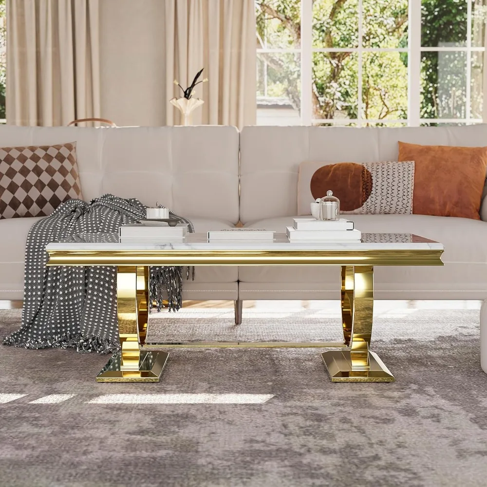 White and Gold Rectangle Living Room Tea Table, Elegant Coffee Tables for Living Room, Coffee table 2