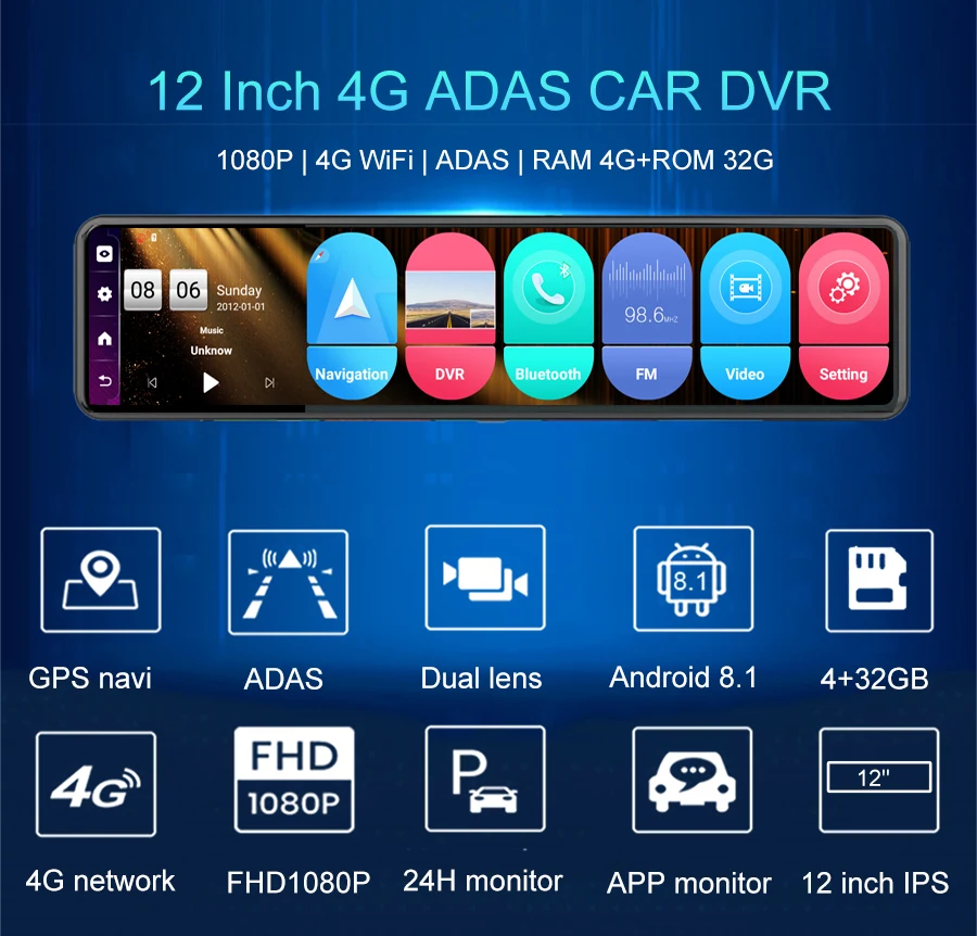 12Inch Car Mirror Android8.1 Stream Media RearView Mirror FHD 1080P Camera Dual Lens Video Recorder GPS 4G Dash Cam Car DVR ADAS