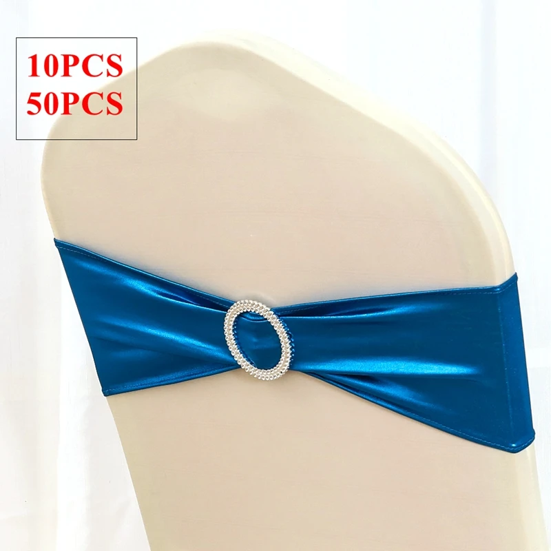 

50pcs Turquoise Lycra Chair Band Spandex Sash Tie Bow With Round Buckle For Chair Cover Wedding Christmas Event Party Decoration