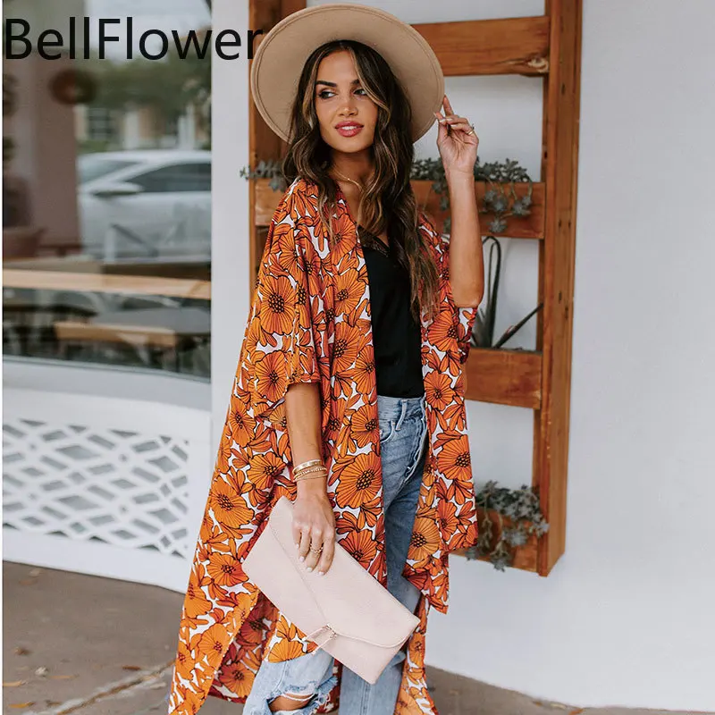 

Floral Print Beach Dress 2022 Summer Robe Short Sleeve Sunscreen Chiffon Cover Ups for Swimwear Women Loose Beachwear Wholesale