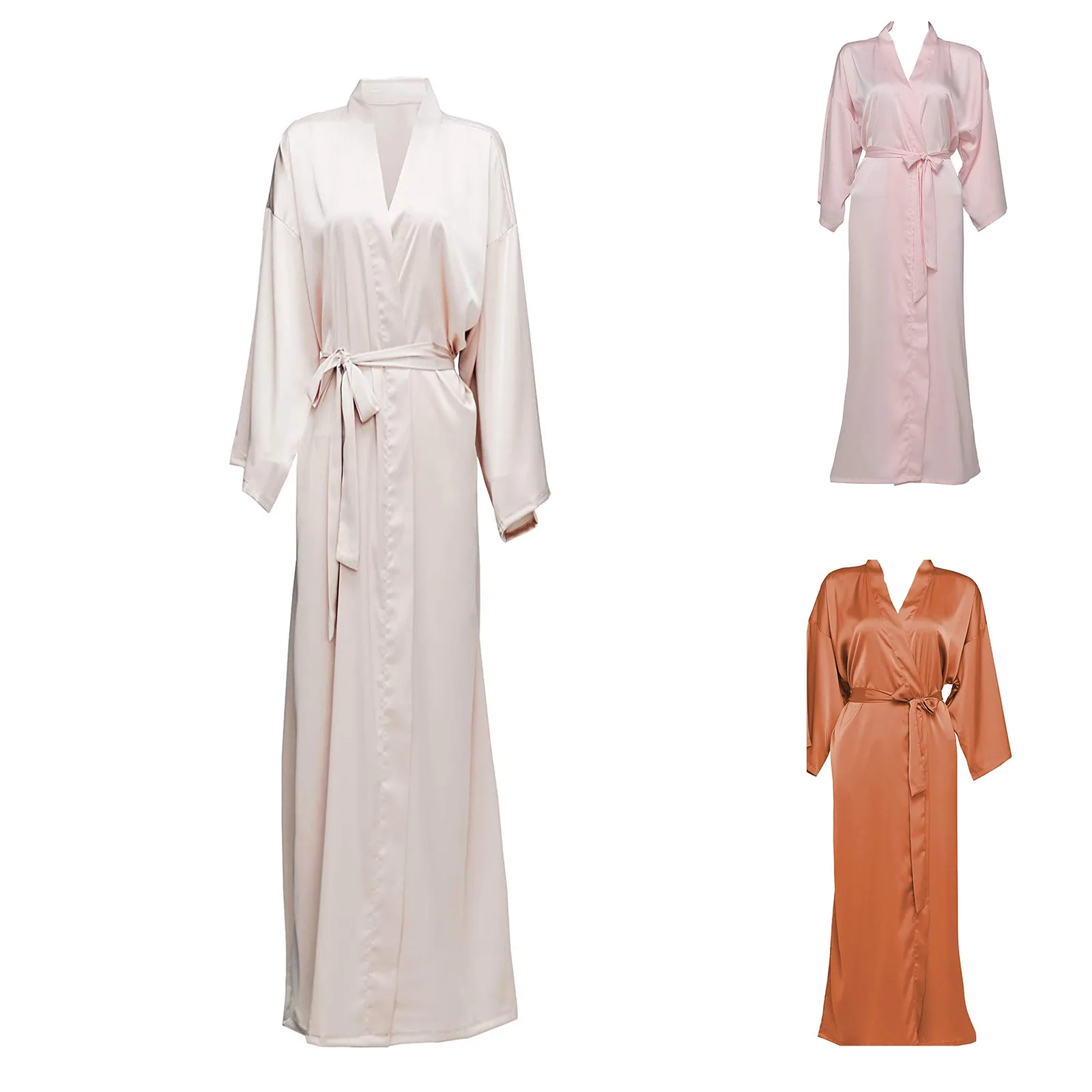 

Summer Lace Patchwork Satin Kimono Robe Sexy Sleepwear Lingerie Chemises Women Silk Long Nightgown Wedding Bridesmaid Robes