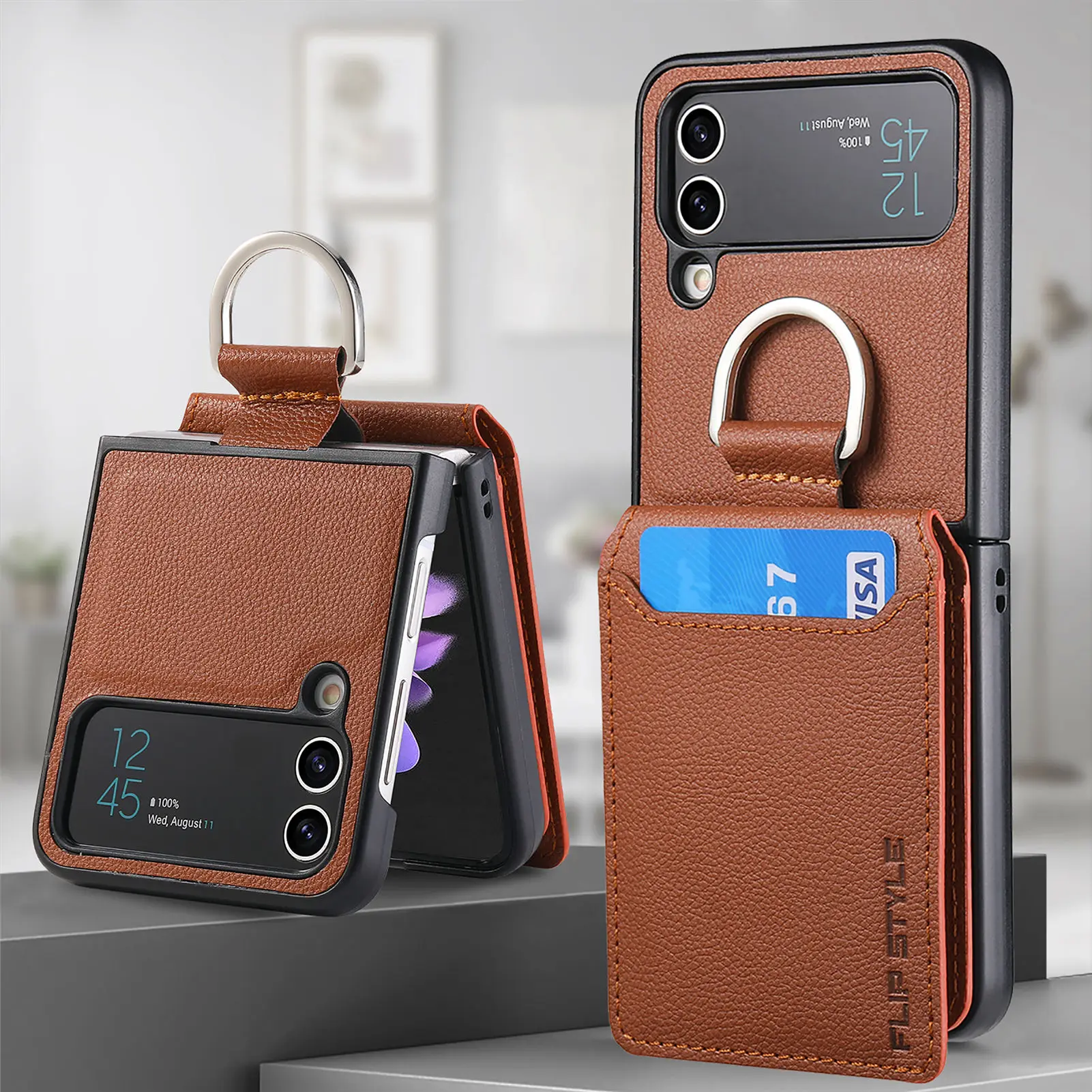 PU Leather Wallet Case with Finger Ring for Samsung Smartphones