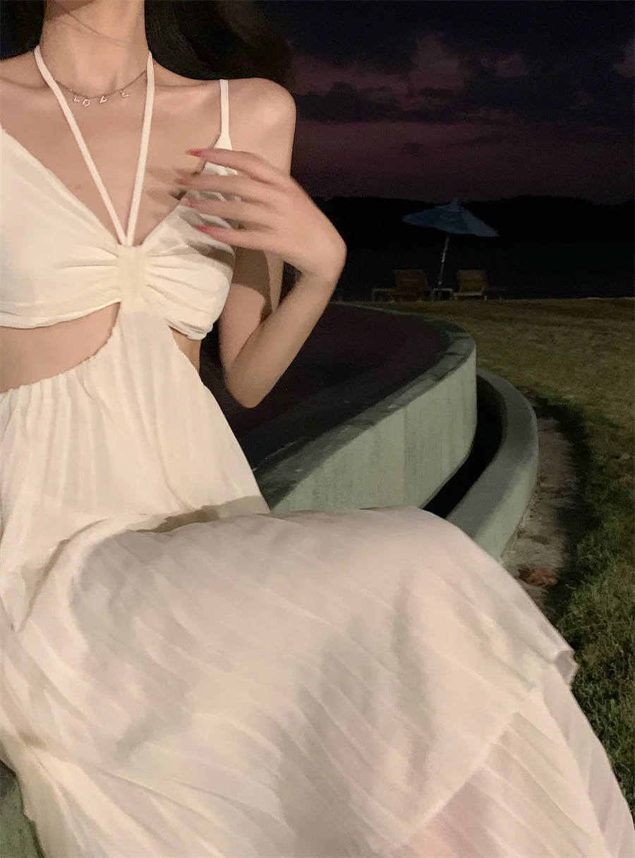 Summer New Fashion Sexy Pleated Holiday Beach Long Dresses for Women Vacation Spaghetti Strap A line Ladies Robe 2025 Sundress