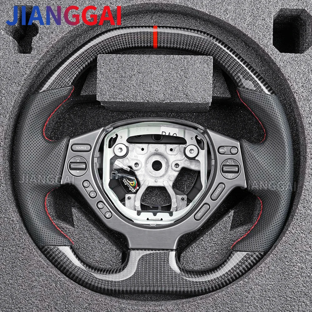 닛산 GTR R35 2009-2017 100% 리얼 카본 파이버 자동차 스티어링 휠 (천공 가죽 레드 스트라이프 카본 트림 커버 포함)