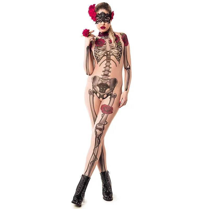 Women Sexy Cosplay Halloween Costume Jumpsuit Rose Skeleton Party Romper Carnival Body Suit Devil Ghost Specter Scary Costume