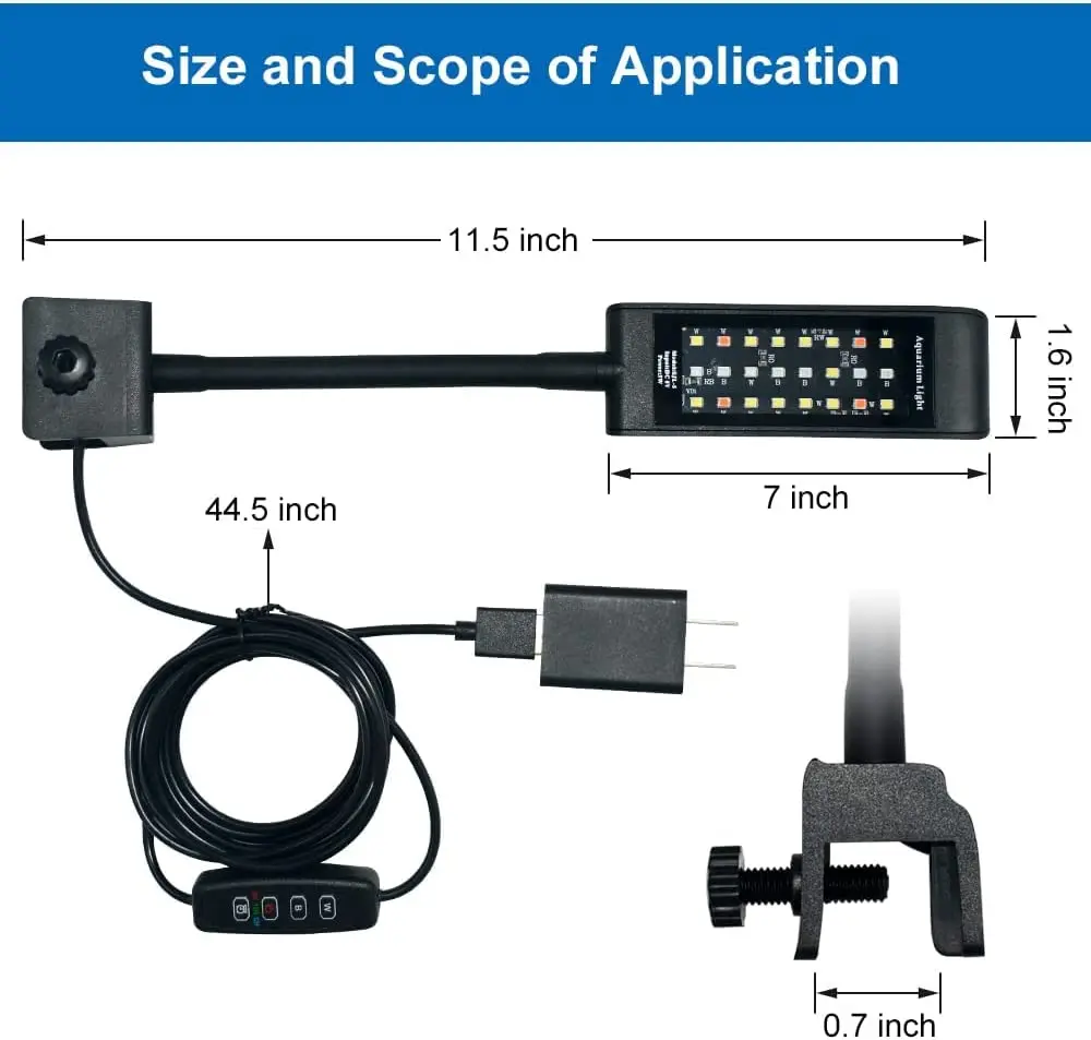 Four Colors full spectrum Aquarium LED Clip-on Light Adjustment with Timer Dimmer IP 67 Waterproof for Aquarium Light Aquarium Lamp Fish Tank Light Plant