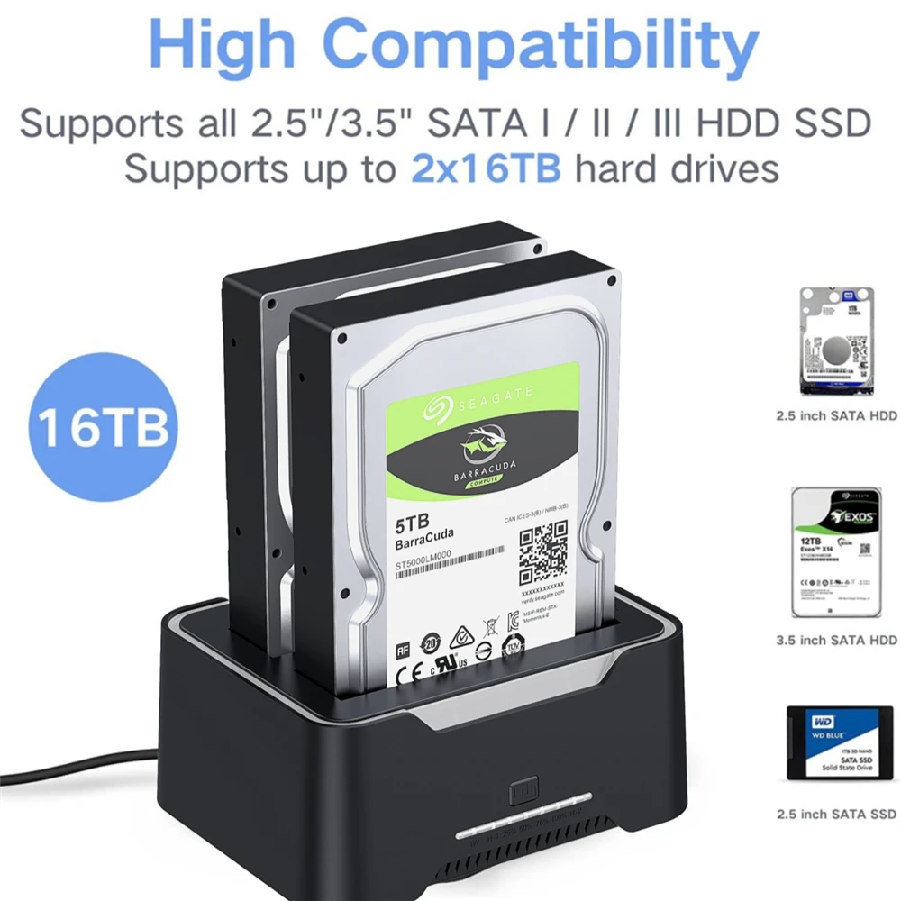USB 3.0 SATA harde schijf docking station SSD / HDD met geïntegreerde USB-hub voor snel opladen en UASP voor SATA 6 Gbps - wit