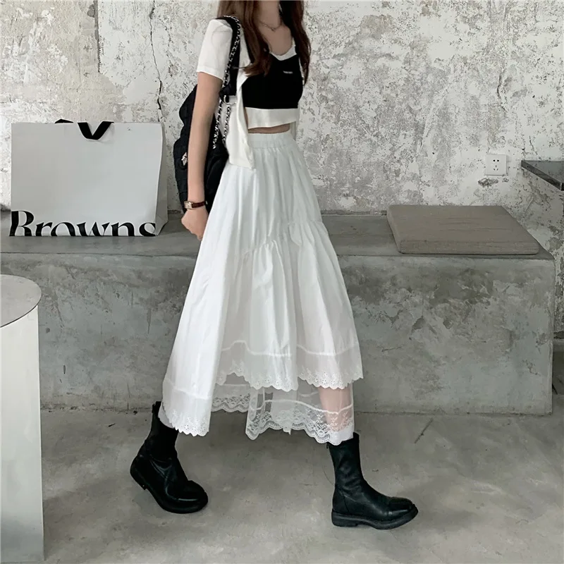 Vintage High Waist Lace Stitching Irregular A-line Skirt Women Loose Black White Long Skirts Korean Solid Hip Hop Streetwear tutu skirt