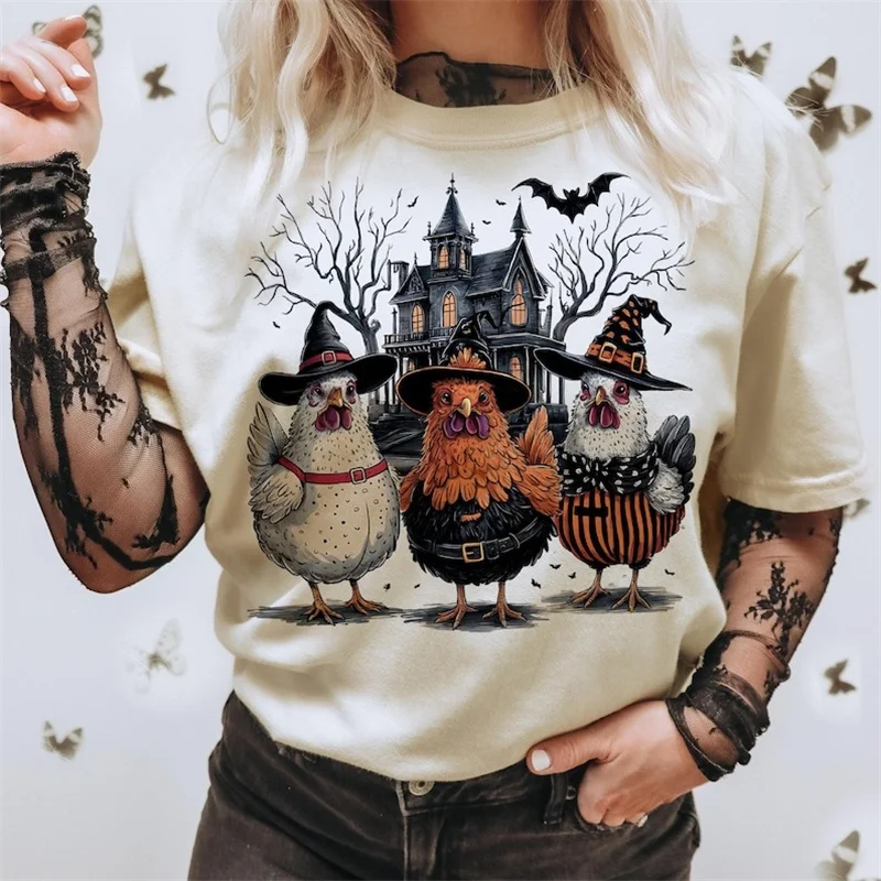 halloween-chicken-print-tshirt-womens-casual-white-autumn-top