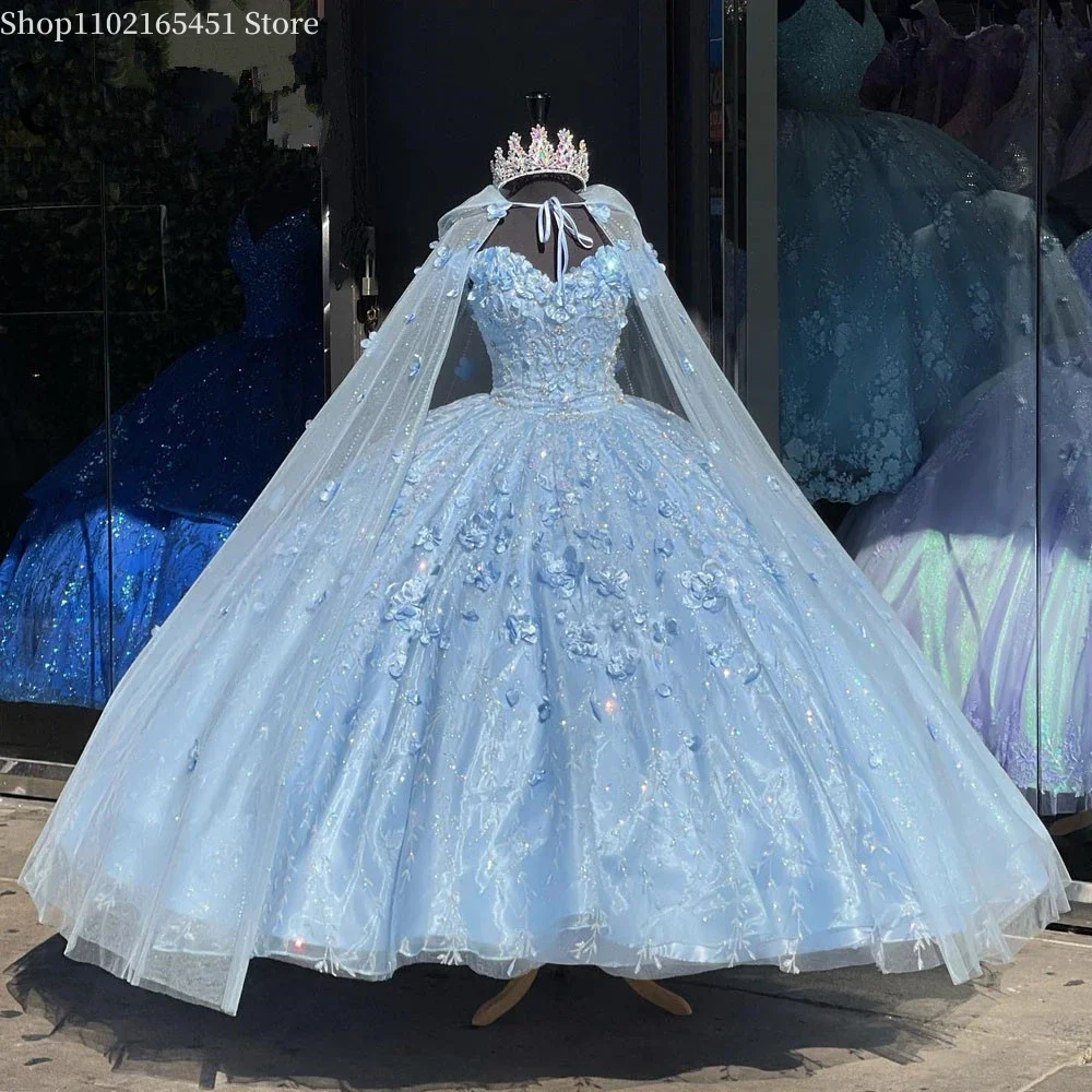 

Sky Blue Cinderella Quinceanera Dresses with Cape Appliques 3D Floral Off Shoulder Lace-up Corset Lace Ball Gown Sweet 15 Dress