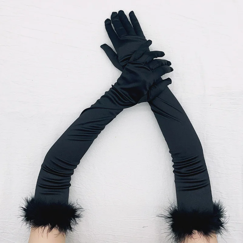 52cm Feather Satin Retro Style Women Long Gloves Party Ball Christmas Cosplay Stage Performance Fashion Personality Elegant