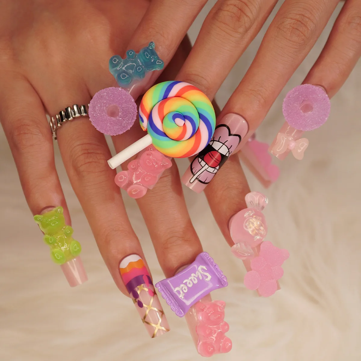 

fake nail Popular Nail Super Long Water Pipe Kawaii Cartoon 3D Candy Wearable False Nail false nails press on nails