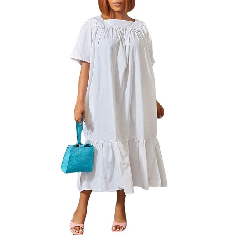 African Maxi Dress Women Short Sleeve Square Collar Loose Robe Summer New Ruffle Patchwork Office Lady Casual African Dress 2023