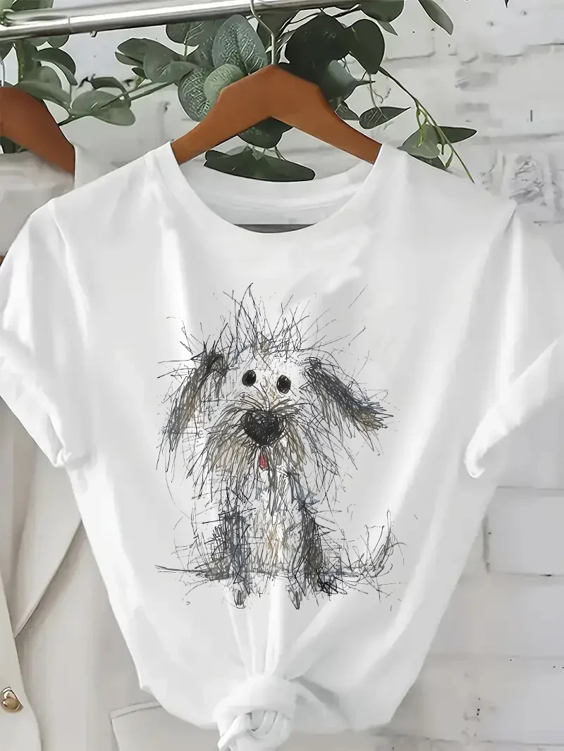 T Shirt 2025 Manga New in Creative Doodle Puppy Graphic Print Round Neck Summer T-shirt Girls Female 1