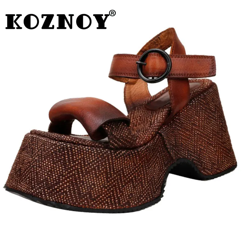 Koznoy Platform Wedge Sandals10cm New Sequined Cloth Genuine
