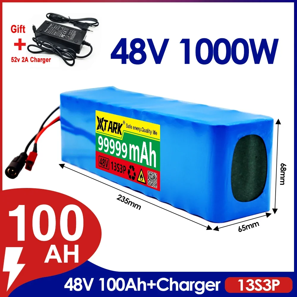 

High capacity 13S3P 48v 100Ah 18650 Li-ion Battery for Bafang Electric Bike Retrofit Kit 1000w 54.6V 2A Charger + XT60 Plug