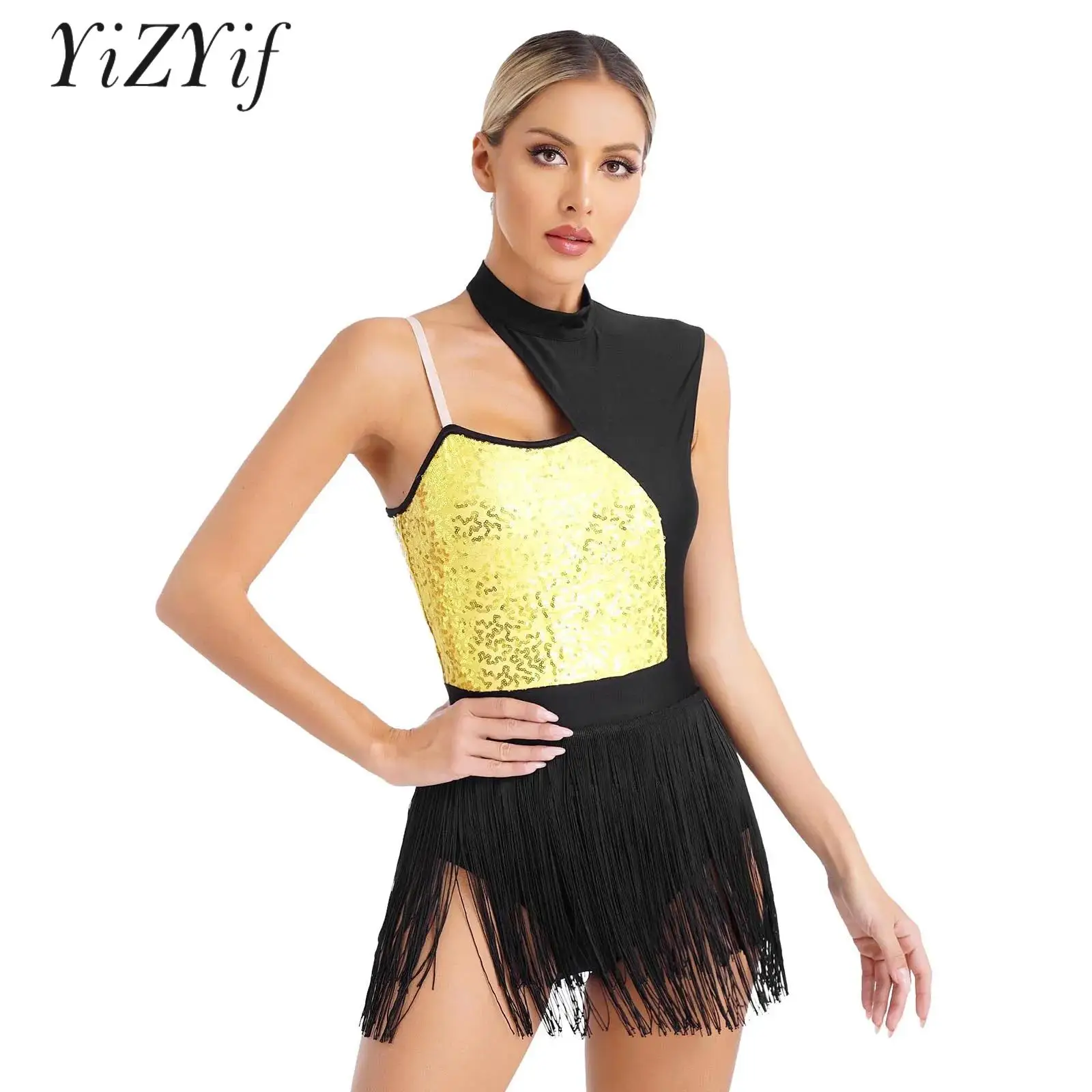 

Women Jazz Dance Outfits Sleeveless Cut Out Ballet Leotard Jumpsuirt Tassel Hem Latin Dance Dress Cha-cha Samba Dance Costume