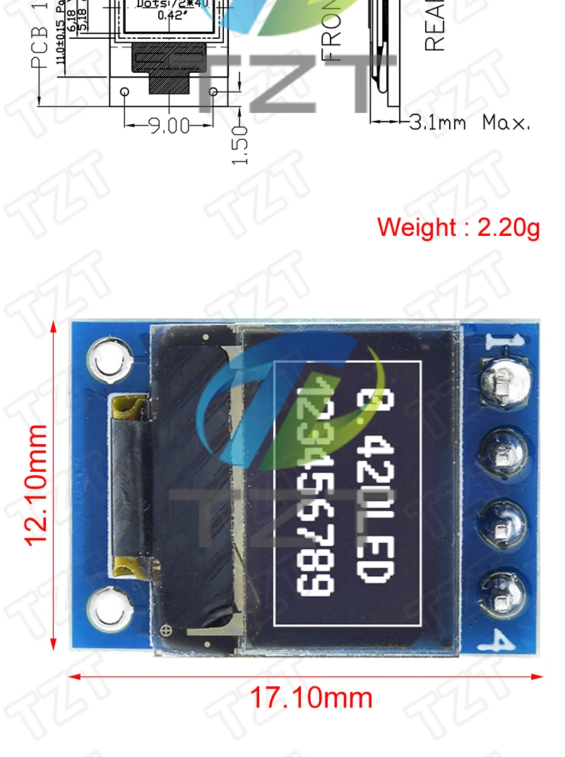 0,42 Zoll OLED-Display IIC/SPI-Schnittstelle OLED-Display-Modul SSD1315 Treiber-IC 72 x 40 Auflösung 3,3 V Modul – Detail 2