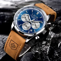 Men's Luxury Quartz Chronograph Leather Watch - Elegant & Waterproof Sport Design by LIGE (Silver blue)