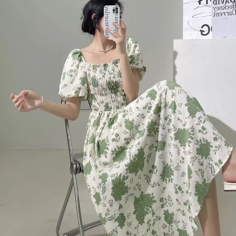 

Y2k Clothes Women Bubble Sleeves French Floral Dress Women's Summer Short Sleeve Square Collar Gentle Wind Waist Long Skirt