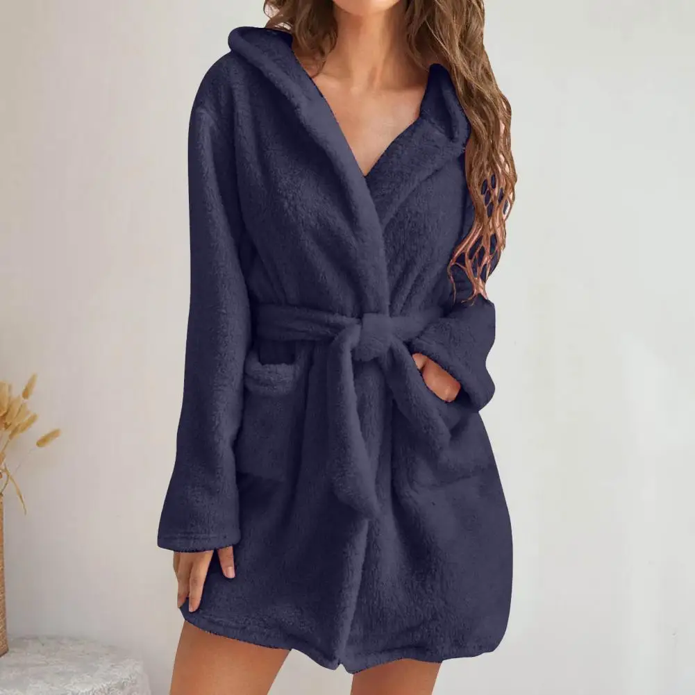 Women Winter Bathrobe Solid Color Thick Sleepwear Warm Belt Cardigan Tight Waist Plush Water Absorption Lady Nightgowns for Home