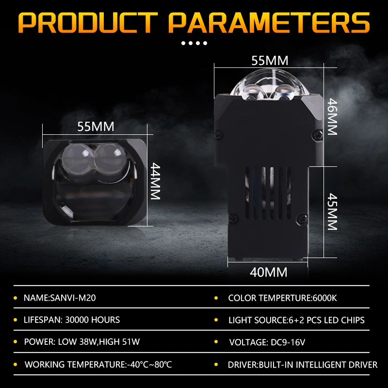 SANVI 102W M20 Bi LED 모듈 쌍곡면 렌즈, 자동차 헤드라이트, 하이 로우 빔, 12V LED 조명, 개조 자동차 액세서리, 2.0 인치