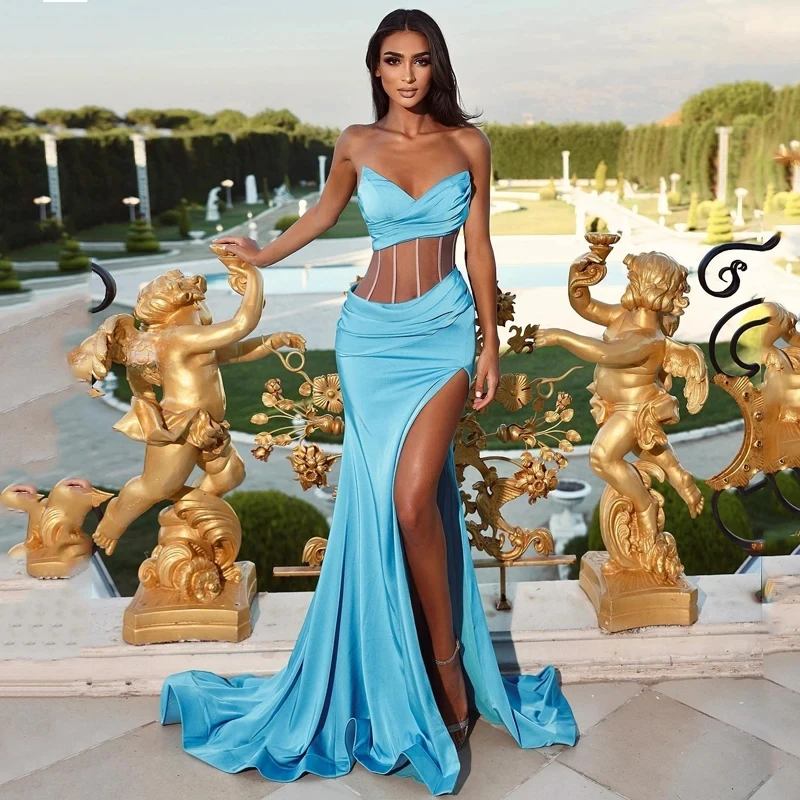 

Sky Blue Prom Dresses Sweetheart Sleeveless Strapless Split Saudi Arabia Evening Dress Saudi Arabia Mermaid